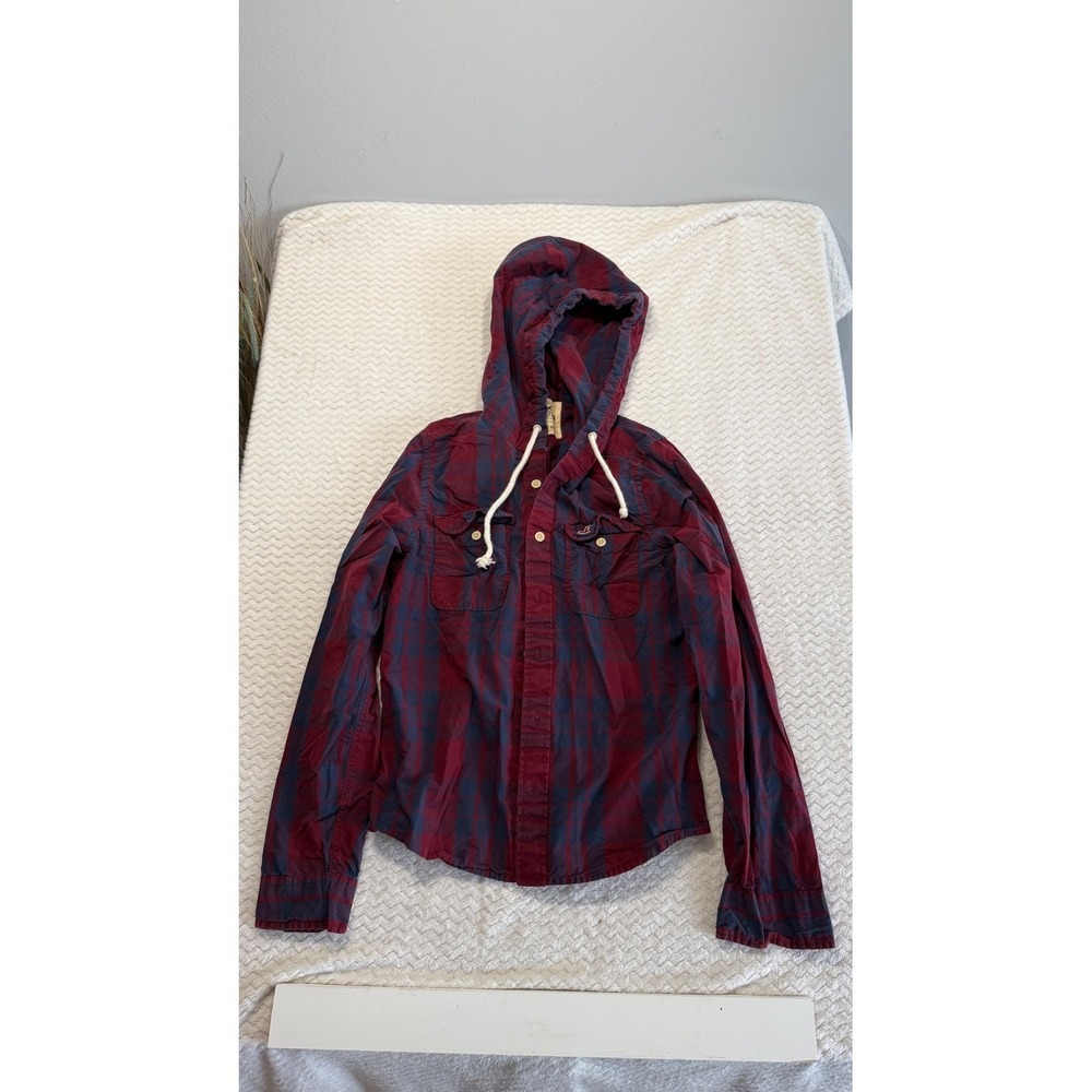 Hollister Mens Red Navy Blue Plaid Hooded Flannel Shirt Long Sleeve Size M